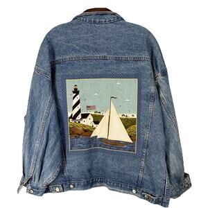 Vintage Denim Trucker Jacket 🧥 Lighthouse Applique USA 🇺🇸